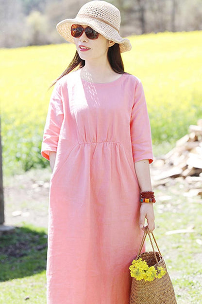 Soft Linen Midi Dress – Handmade Pink Retro Long Dress for Women | Xiaolizi  CYM472