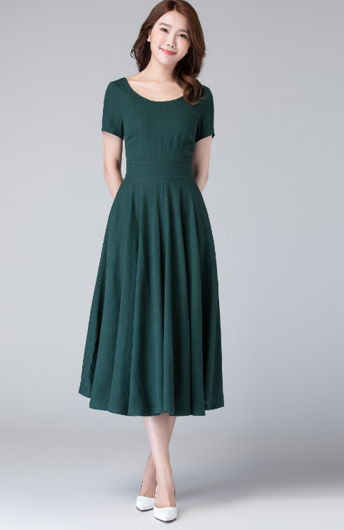 Handmade Green Linen Cotton Dress Fit and Flare Midi | Xiaolizi 1900 Green / Custom order Handmade Green Linen Cotton Dress Fit and Flare Midi | Xiaolizi 1900 Green / Custom order