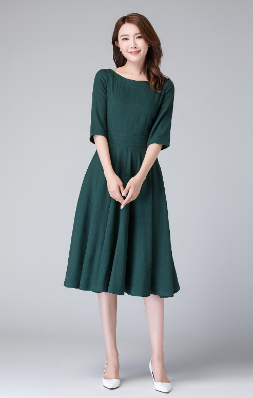 Dark Green Linen Midi Dress Handmade Cottagecore Fit & Flare Summer Dress | Xiaolizi Dark Green Linen Midi Dress Handmade Cottagecore Fit & Flare Summer Dress | Xiaolizi