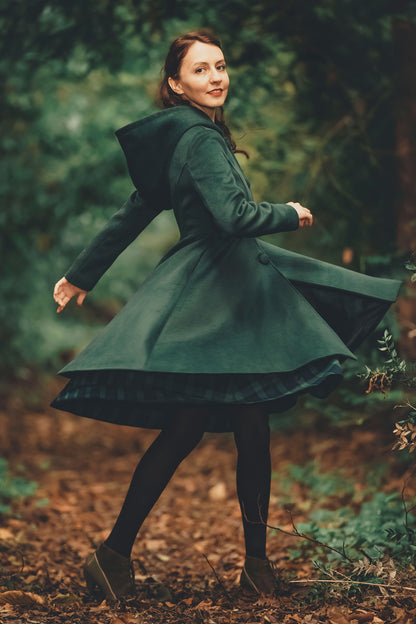 Vintage Green Wool Coat – Handmade Hooded Winter Overcoat for Women 2493