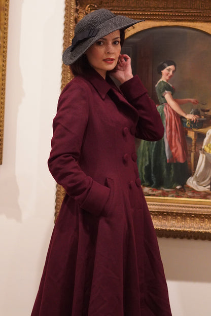 Xiaolizi Vintage Burgundy Wool Coat for Women – Handmade Double Breasted Fit-and-Flare Winter Coat 3864