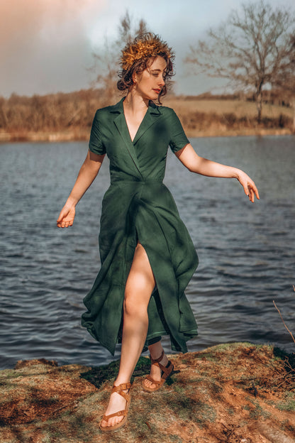Green Linen Cotton Wrap Maxi Dress - A-Line V-Neck 2363