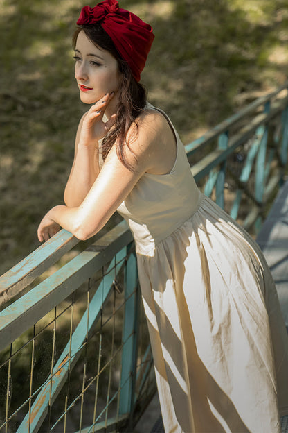 Beige Cotton Midi Dress - Sleeveless, Flowy Summer Silhouette 3812
