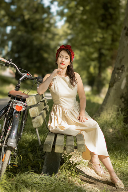 Beige Cotton Midi Dress - Sleeveless, Flowy Summer Silhouette 3812