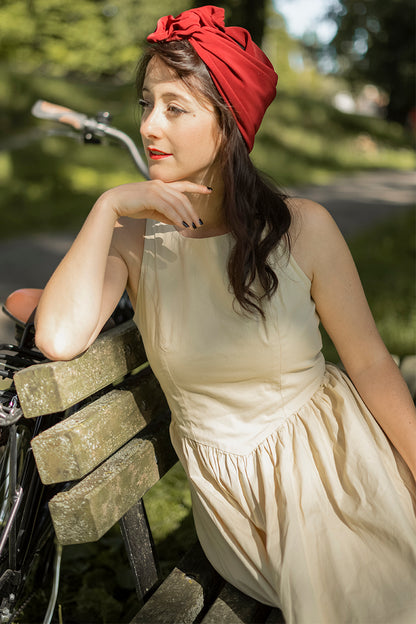 Beige Cotton Midi Dress - Sleeveless, Flowy Summer Silhouette 3812