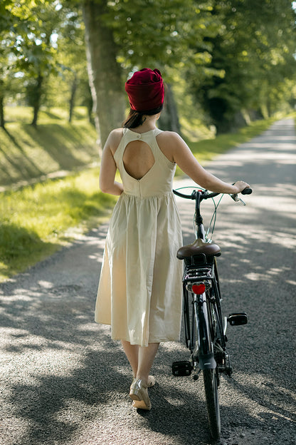 Beige Cotton Midi Dress - Sleeveless, Flowy Summer Silhouette 3812