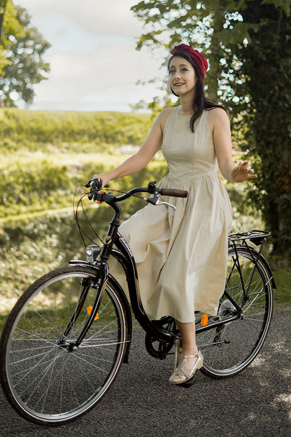 Beige Cotton Midi Dress - Sleeveless, Flowy Summer Silhouette 3812