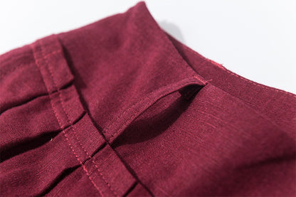 Burgundy Linen Maxi Skirt - Pleated Waist, Flowing Silhouette 2163