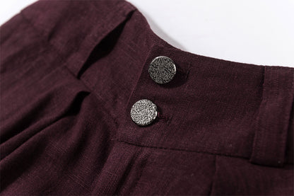 Burgundy Linen Cotton Midi Bubble Skirt - Pleated Waist with Pockets 2164