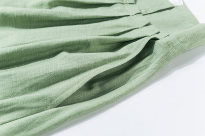 Army Green Linen Maxi Skirt - Pleated Waist Ankle-Length 2162