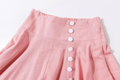 Pink Linen Midi Skirt - Swing Circle Silhouette with Front Buttons 2158
