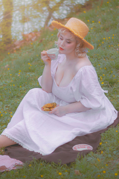 White Linen Fit and Flare Midi Dress - Scoop Neckline with Decorative Belt 3650