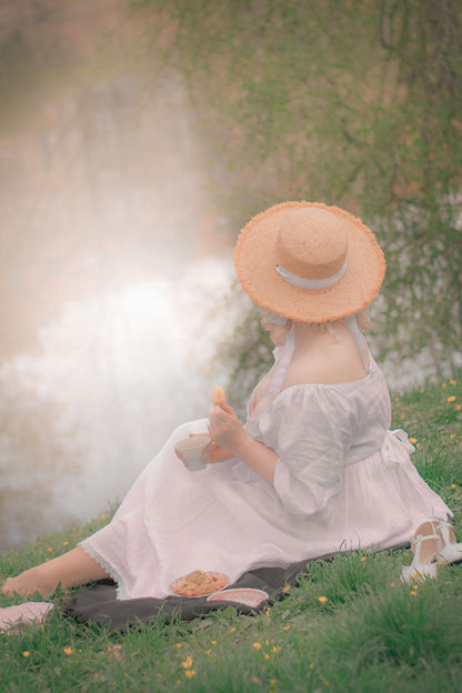 White Linen Fit and Flare Midi Dress - Scoop Neckline with Decorative Belt 3650