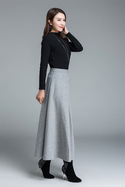 Light Gray Wool Maxi Skirt – Elegant Pleated Long Skirt with Waist Detail 1643