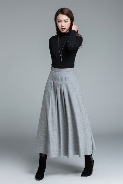 Light Gray Wool Maxi Skirt – Elegant Pleated Long Skirt with Waist Detail 1643