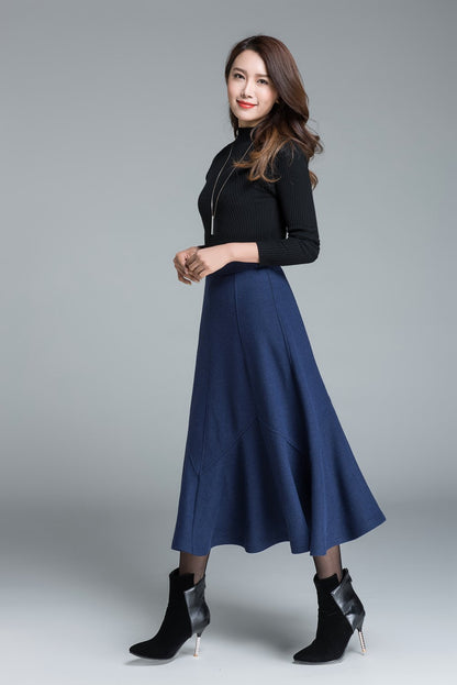 Handmade Navy Blue Wool Skirt – Elegant Winter Maxi Flared Skirt | Xiaolizi 1644