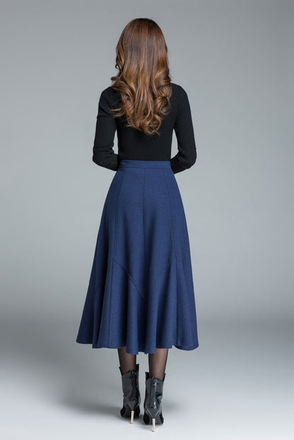 Handmade Navy Blue Wool Skirt – Elegant Winter Maxi Flared Skirt | Xiaolizi 1644