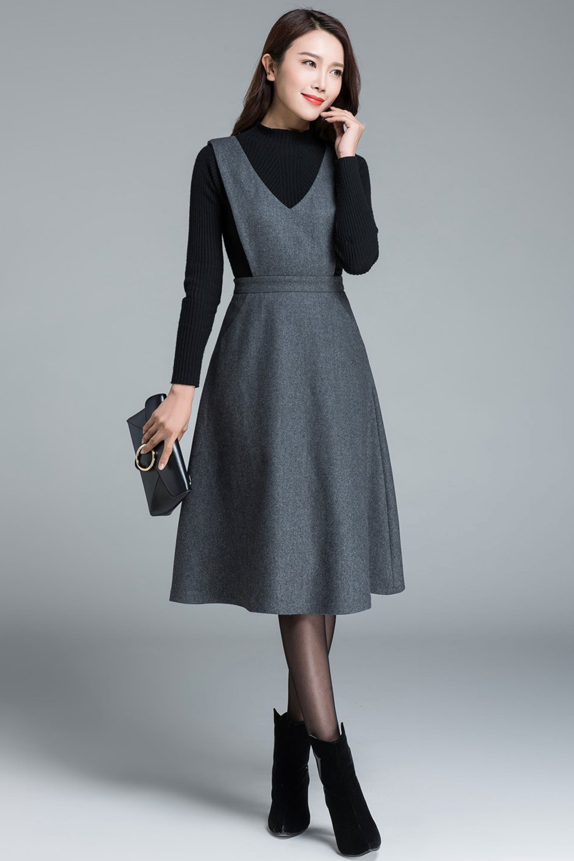 wool pinafore dress Gray Wool Pinafore Dress – Handmade Winter A-Line Midi
