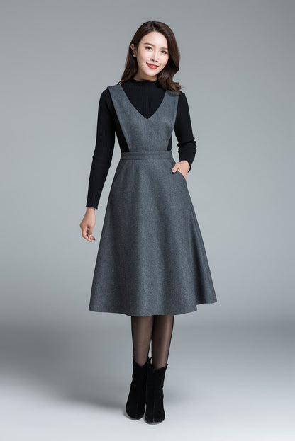 Gray Wool Blend Suspender Dress – Handmade A-Line Winter Midi | Xiaolizi  1645
