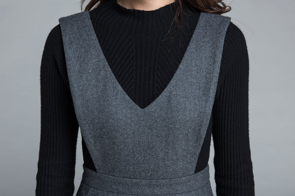 Gray Wool Pinafore Dress Handmade Winter A-Line Midi | Xiaolizi 1645 Grey / XXL Gray Wool Pinafore Dress Handmade Winter A-Line Midi | Xiaolizi 1645 Grey / XXL
