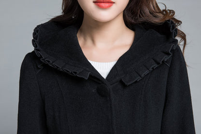 Black Wool Coat Maxi Dress - Hooded Fit and Flare Winter Overcoat 1649