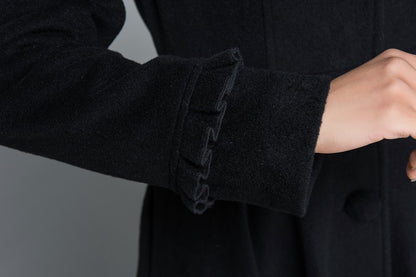 Black Wool Coat Maxi Dress - Hooded Fit and Flare Winter Overcoat 1649