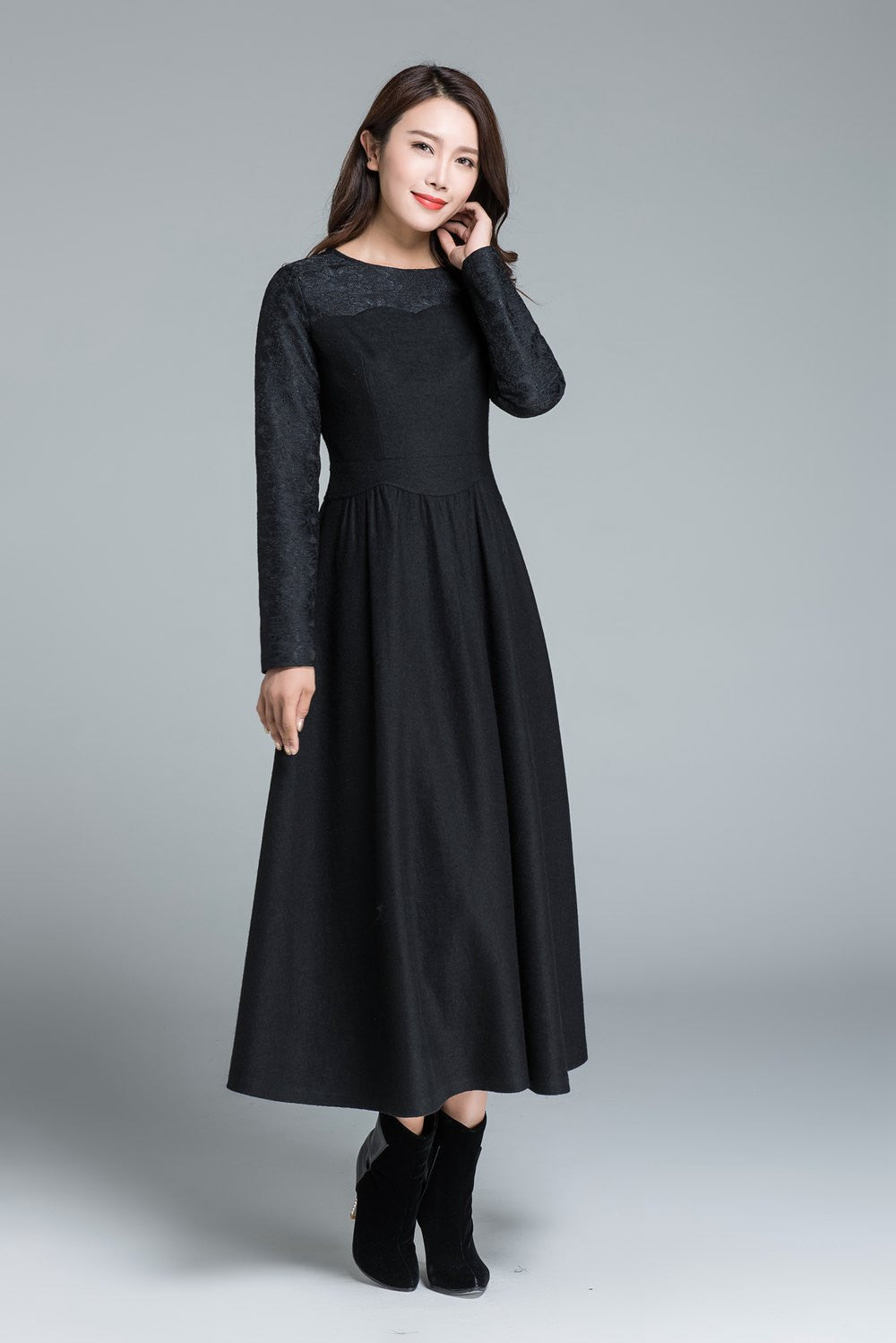 Black Wool Winter Dress Lace Sleeve Midi Evening Dress 1650 Xiaolizi Black Wool Winter Dress Lace Sleeve Midi Evening Dress 1650 Xiaolizi