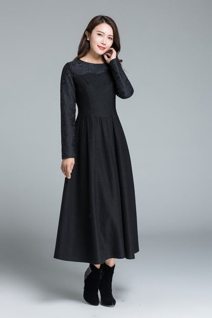 Elegant Wool Blend Dress – Black Lace Detail Winter Party Dress 1650