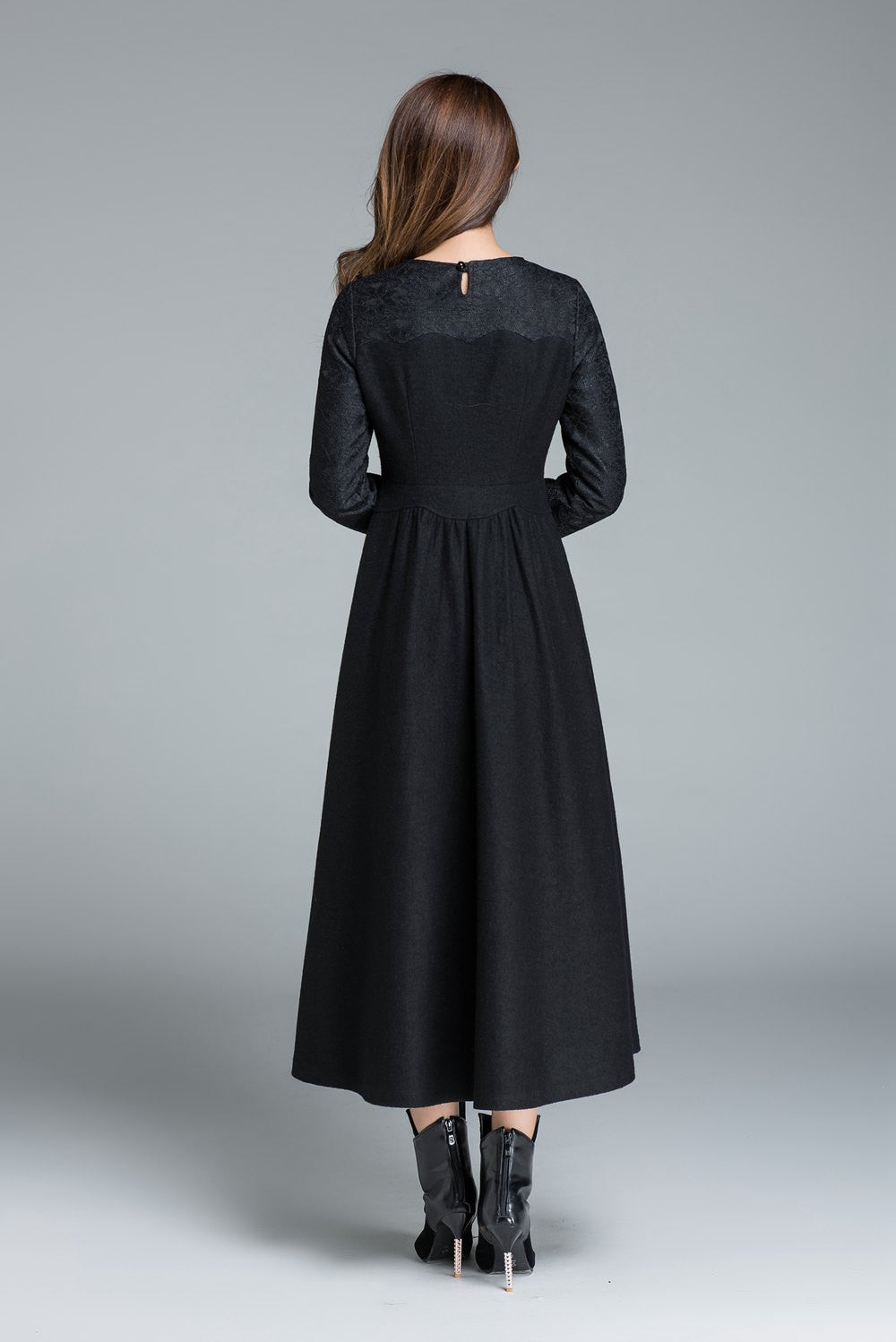 Elegant Wool Blend Dress Black Lace Detail Winter Party Dress 1650 - Black / XS Elegant Wool Blend Dress Black Lace Detail Winter Party Dress 1650 - Black / XS