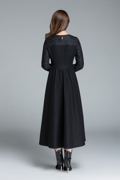 Elegant Wool Blend Dress – Black Lace Detail Winter Party Dress 1650