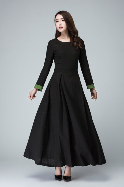Black Linen Maxi Dress – Vintage Long Sleeve Gothic Inspired Flare Dress 1450
