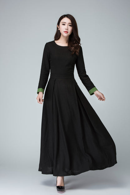 Black Linen Maxi Dress – Vintage Long Sleeve Gothic Inspired Flare Dress 1450