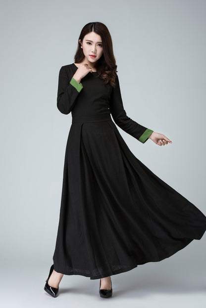 Black Linen Maxi Dress – Vintage Long Sleeve Gothic Inspired Flare Dress 1450