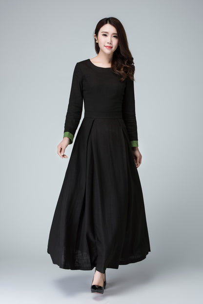 Black Linen Maxi Dress – Vintage Long Sleeve Gothic Inspired Flare Dress 1450