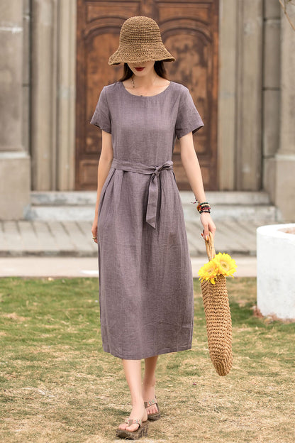 Women Short Sleeve Linen Dress 286101#