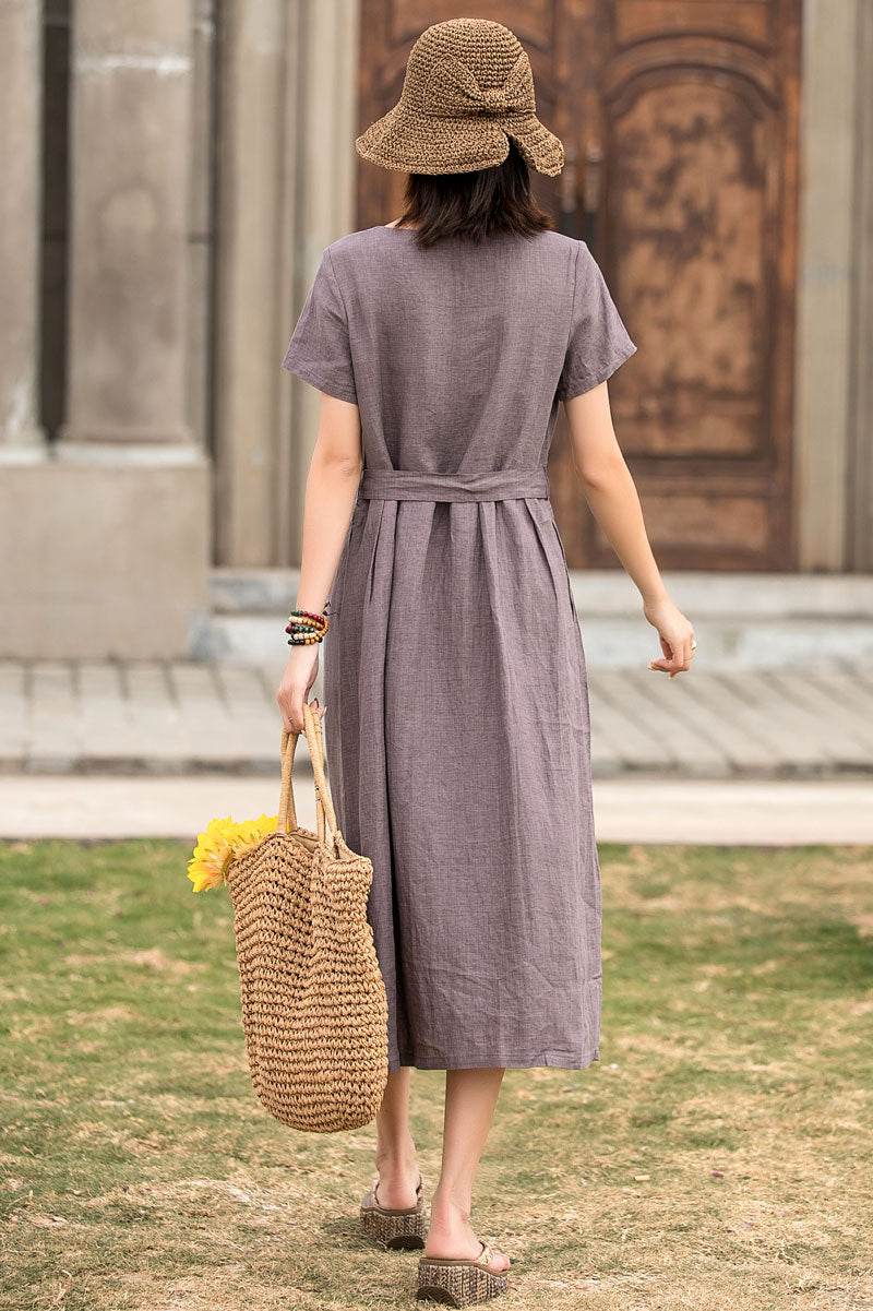 Women Short Sleeve Linen Dress 286101# - Purple / XS-S Women Short Sleeve Linen Dress 286101# - Purple / XS-S