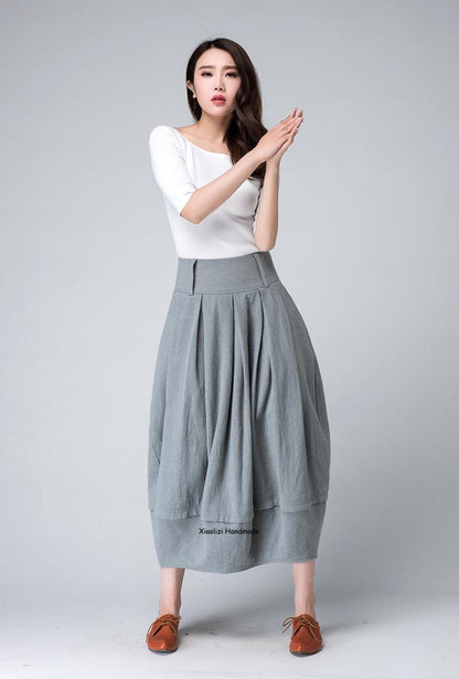 Grey Linen Cotton Blend Bubble Midi Skirt - Pleated Waist, Two Pockets 1503
