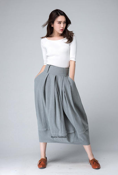 Grey Linen Cotton Blend Bubble Midi Skirt - Pleated Waist, Two Pockets 1503