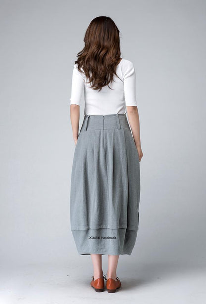 Grey Linen Cotton Blend Bubble Midi Skirt - Pleated Waist, Two Pockets 1503