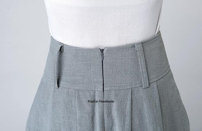 Grey Linen Cotton Blend Bubble Midi Skirt - Pleated Waist, Two Pockets 1503