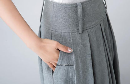 Grey Linen Cotton Blend Bubble Midi Skirt - Pleated Waist, Two Pockets 1503