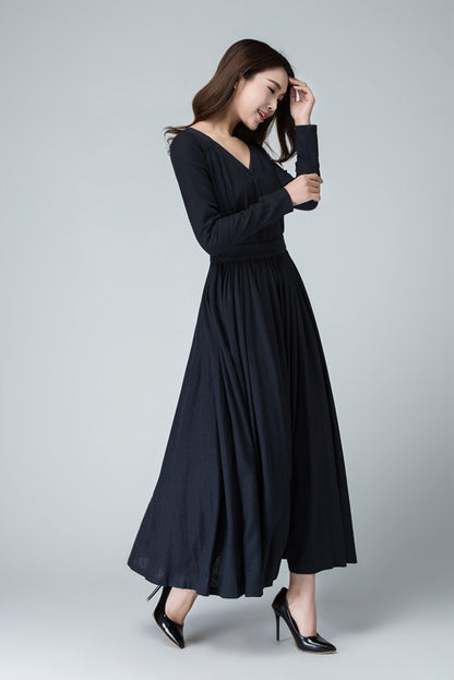 Navy Linen Cotton Maxi Dress - V-Neck, Long Sleeve, Flared Silhouette 1460