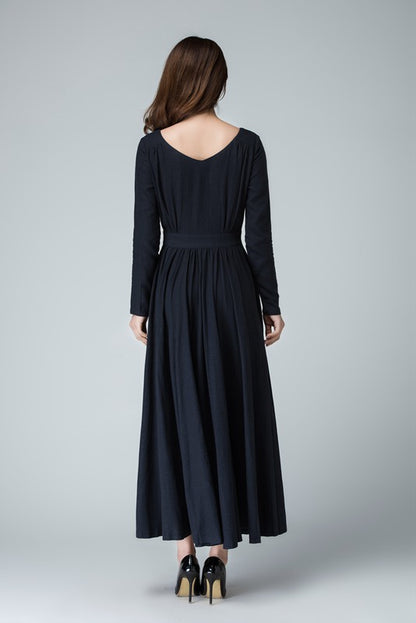 Navy Linen Cotton Maxi Dress - V-Neck, Long Sleeve, Flared Silhouette 1460