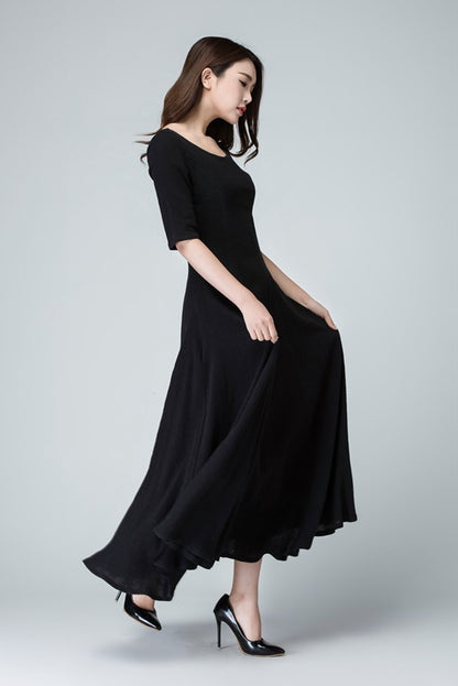 Women’s Black Linen Maxi Dress – Simple Handmade Fit and Flare | Xiaolizi  1467
