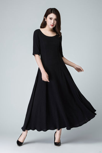 Women’s Black Linen Maxi Dress – Simple Handmade Fit and Flare | Xiaolizi  1467