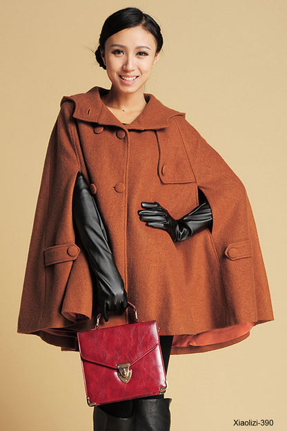 Women's hooded Winter wool cape coat 0390#