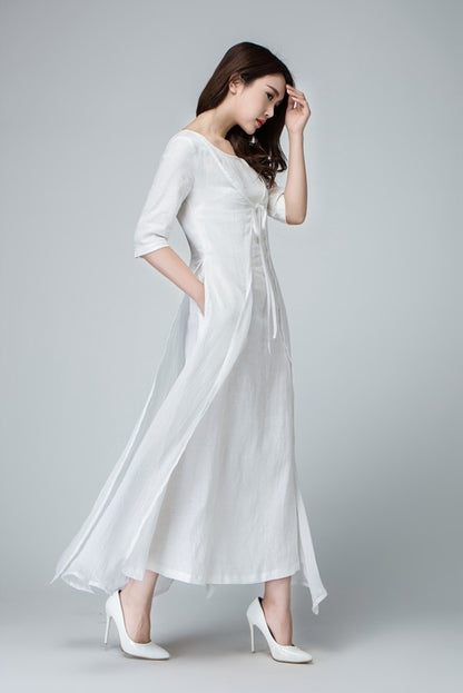 Handmade White Linen Maxi Dress – Layered Fit & Flare Long Dress with Pockets | Xiaolizi 1485