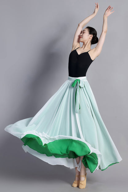 White Green Chiffon Circle Skirt - Reversible Two-Way Wear | Xiaolizi 3386