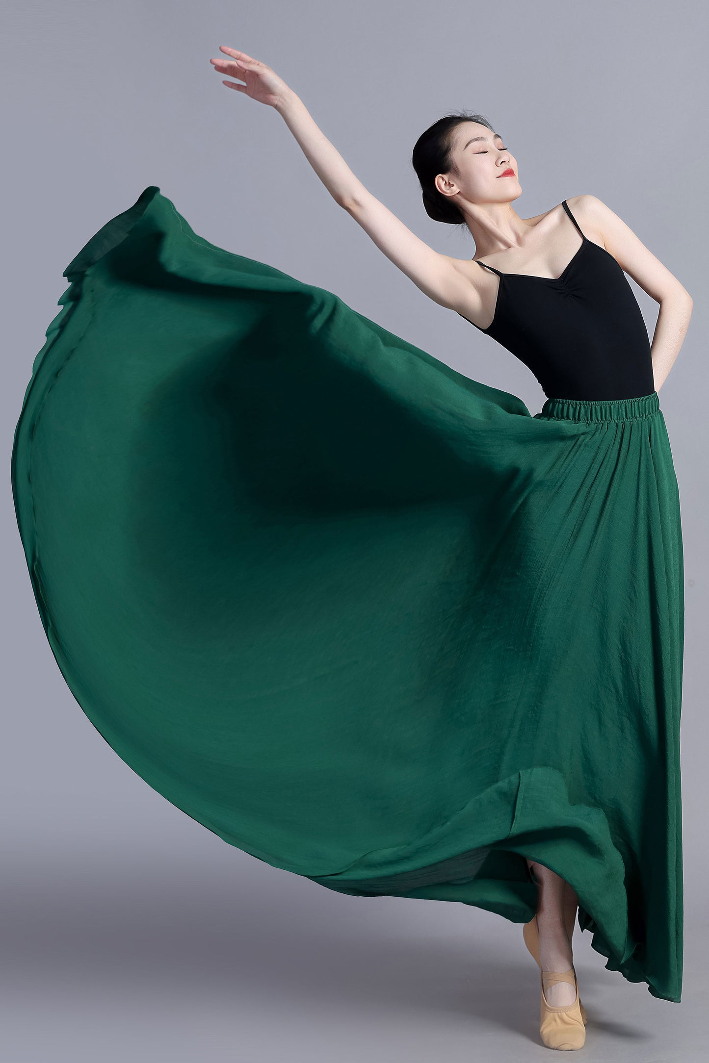 Women Green Linen maxi dance skirt 3389#