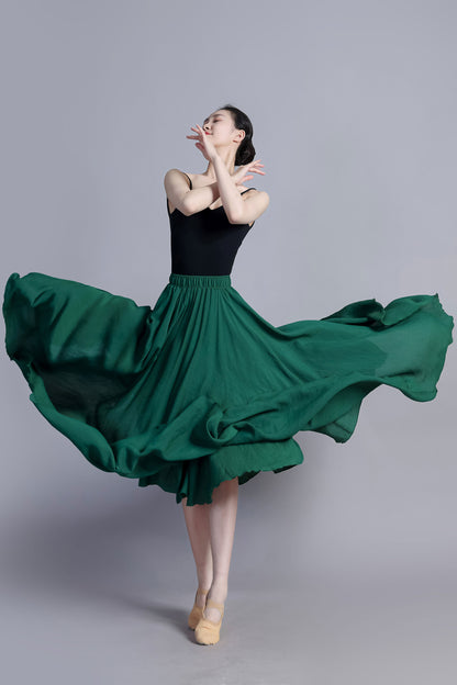 Women Green Linen maxi dance skirt 3389#